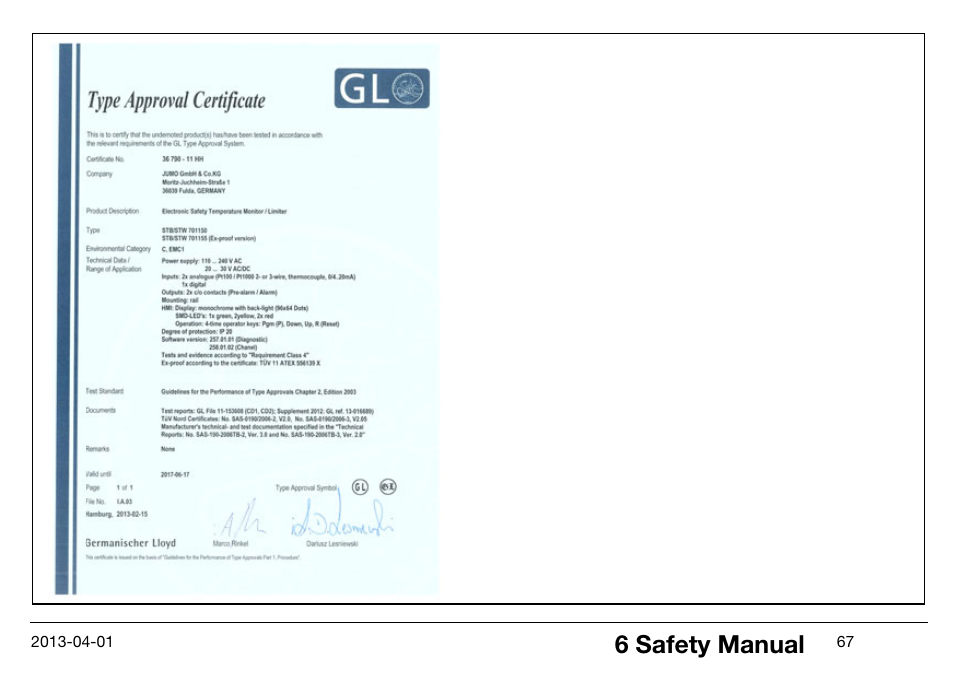 6 safety manual | JUMO 14597 safetyM STB/STW Ex - Safety Temperature Limiter and Safety Temperature Monitor Operating Manual User Manual | Page 73 / 144