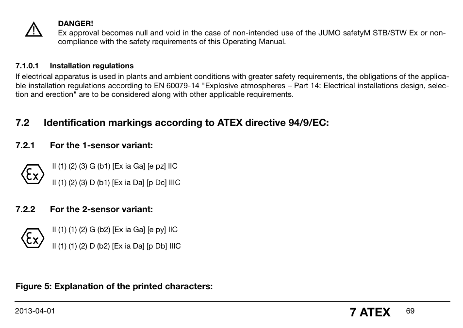 1 installation regulations, 1 for the 1-sensor variant, 2 for the 2-sensor variant | Installation regulations, For the 1-sensor variant, For the 2-sensor variant, 7 atex | JUMO 14597 safetyM STB/STW Ex - Safety Temperature Limiter and Safety Temperature Monitor Operating Manual User Manual | Page 75 / 144