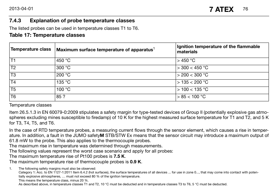 3 explanation of probe temperature classes, Explanation of probe temperature classes, 7 atex | JUMO 14597 safetyM STB/STW Ex - Safety Temperature Limiter and Safety Temperature Monitor Operating Manual User Manual | Page 82 / 144