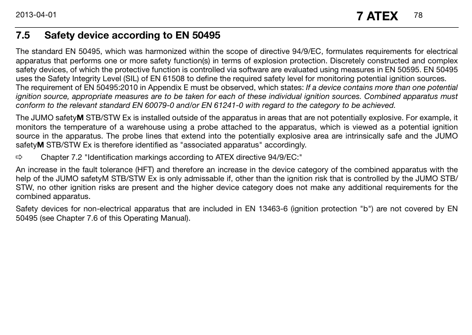 5 safety device according to en 50495, Safety device according to en 50495, 7 atex | JUMO 14597 safetyM STB/STW Ex - Safety Temperature Limiter and Safety Temperature Monitor Operating Manual User Manual | Page 84 / 144