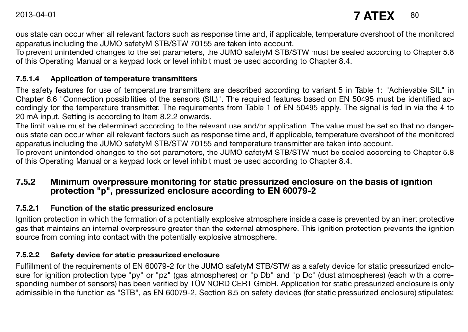 4 application of temperature transmitters, 1 function of the static pressurized enclosure, 2 safety device for static pressurized enclosure | Application of temperature transmitters, Enclosure according to en 60079-280 7.5.2.1, Function of the static pressurized enclosure, Safety device for static pressurized enclosure, 7 atex | JUMO 14597 safetyM STB/STW Ex - Safety Temperature Limiter and Safety Temperature Monitor Operating Manual User Manual | Page 86 / 144