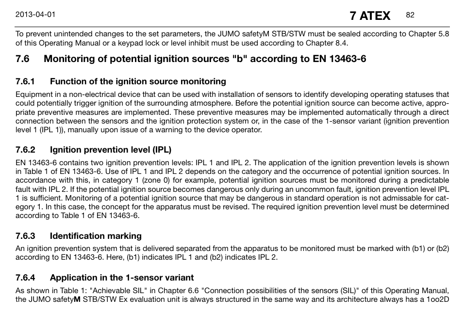 1 function of the ignition source monitoring, 2 ignition prevention level (ipl), 3 identification marking | 4 application in the 1-sensor variant, Function of the ignition source monitoring, Ignition prevention level (ipl), Identification marking, Application in the 1-sensor variant, 7 atex | JUMO 14597 safetyM STB/STW Ex - Safety Temperature Limiter and Safety Temperature Monitor Operating Manual User Manual | Page 88 / 144