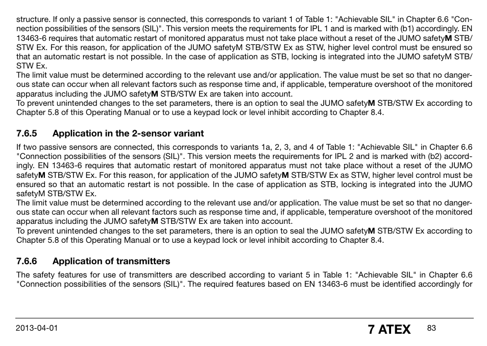 5 application in the 2-sensor variant, 6 application of transmitters, Application in the 2-sensor variant | Application of transmitters, 7 atex | JUMO 14597 safetyM STB/STW Ex - Safety Temperature Limiter and Safety Temperature Monitor Operating Manual User Manual | Page 89 / 144