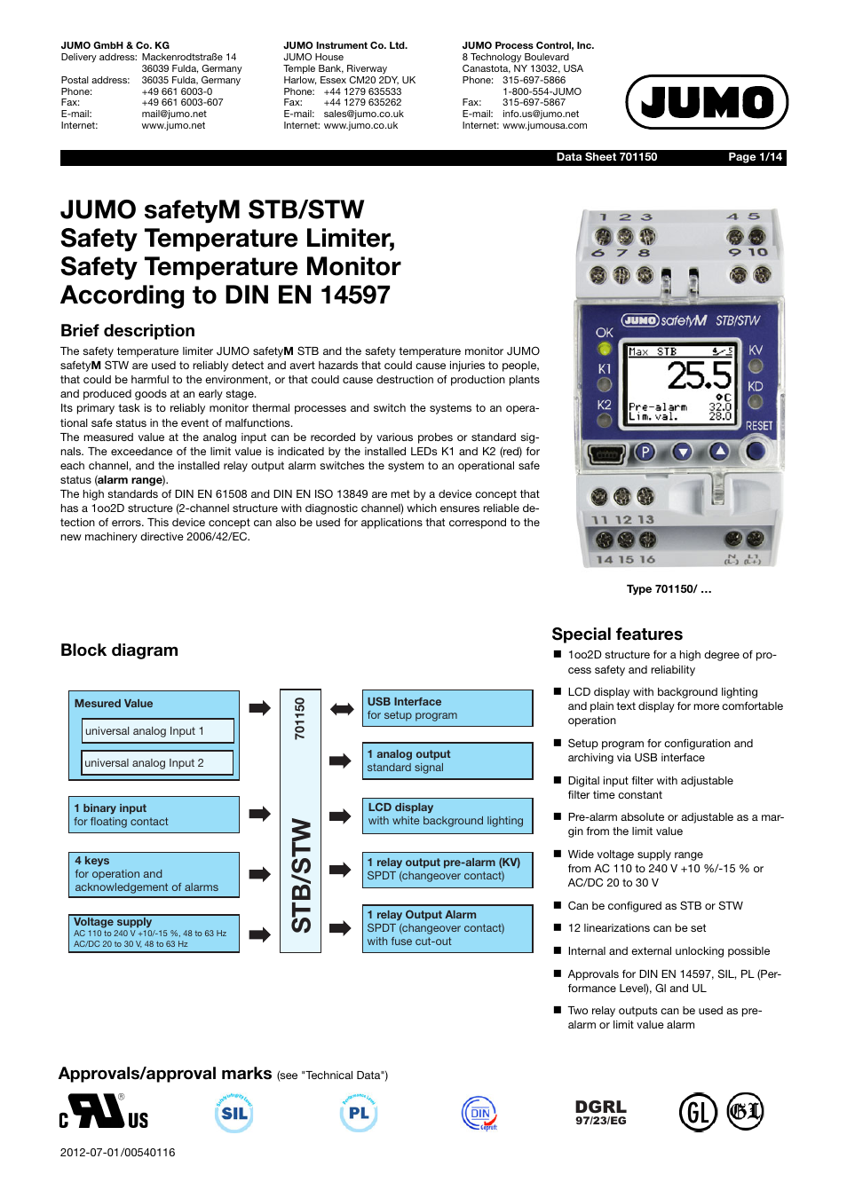 JUMO 701150 14597 safetyM STB/STW - Safety Temperature Limiter and Safety Temperature Monitor Data Sheet User Manual | 14 pages