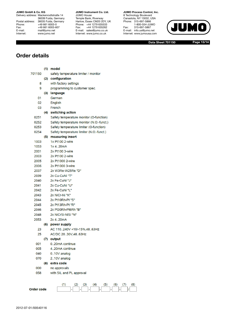 Order details | JUMO 701150 14597 safetyM STB/STW - Safety Temperature Limiter and Safety Temperature Monitor Data Sheet User Manual | Page 13 / 14