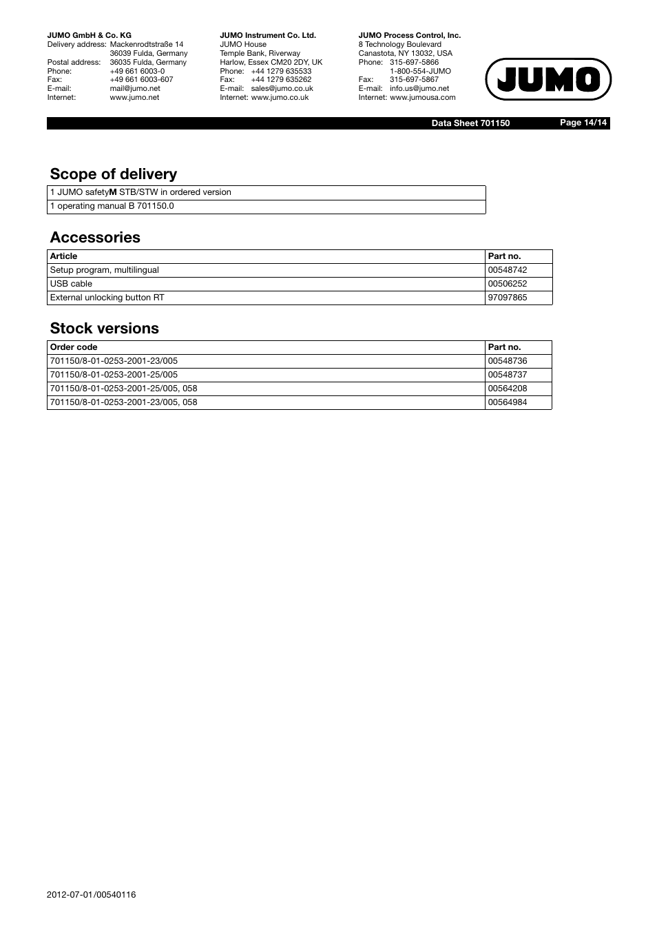 Scope of delivery, Accessories, Stock versions | JUMO 701150 14597 safetyM STB/STW - Safety Temperature Limiter and Safety Temperature Monitor Data Sheet User Manual | Page 14 / 14