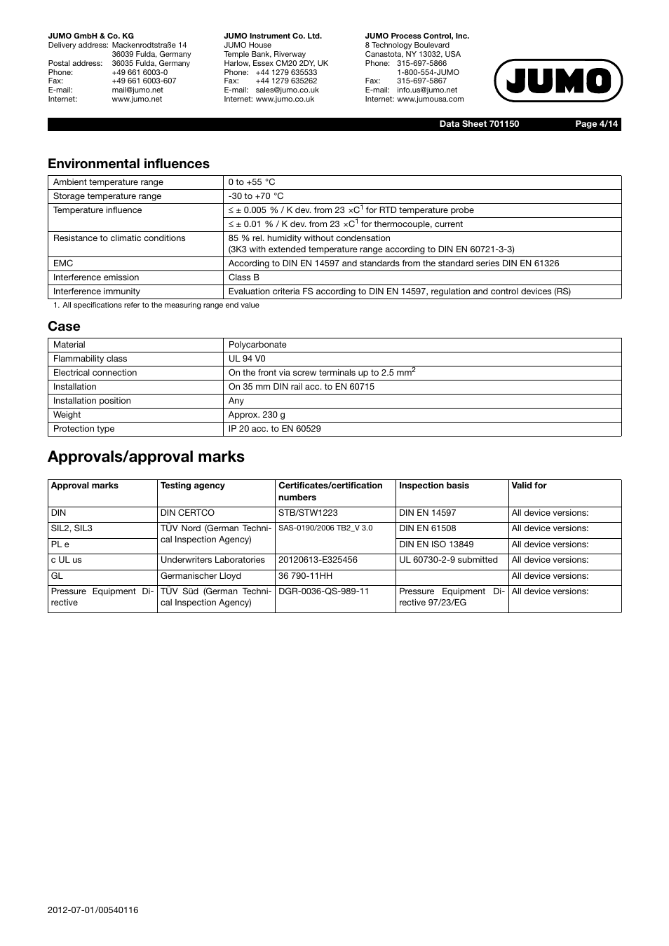 Approvals/approval marks, Environmental influences case | JUMO 701150 14597 safetyM STB/STW - Safety Temperature Limiter and Safety Temperature Monitor Data Sheet User Manual | Page 4 / 14