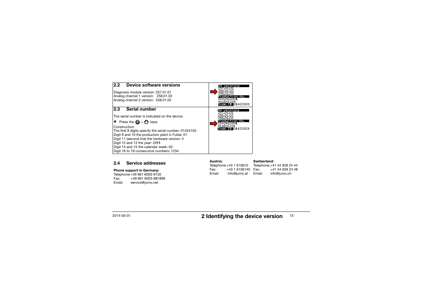 2 device software versions, 3 serial number, 4 service addresses | Device software versions, Serial number, Service addresses, 2 identifying the device version | JUMO 701150 14597 safetyM STB/STW - Safety Temperature Limiter and Safety Temperature Monitor Operating Manual User Manual | Page 15 / 116