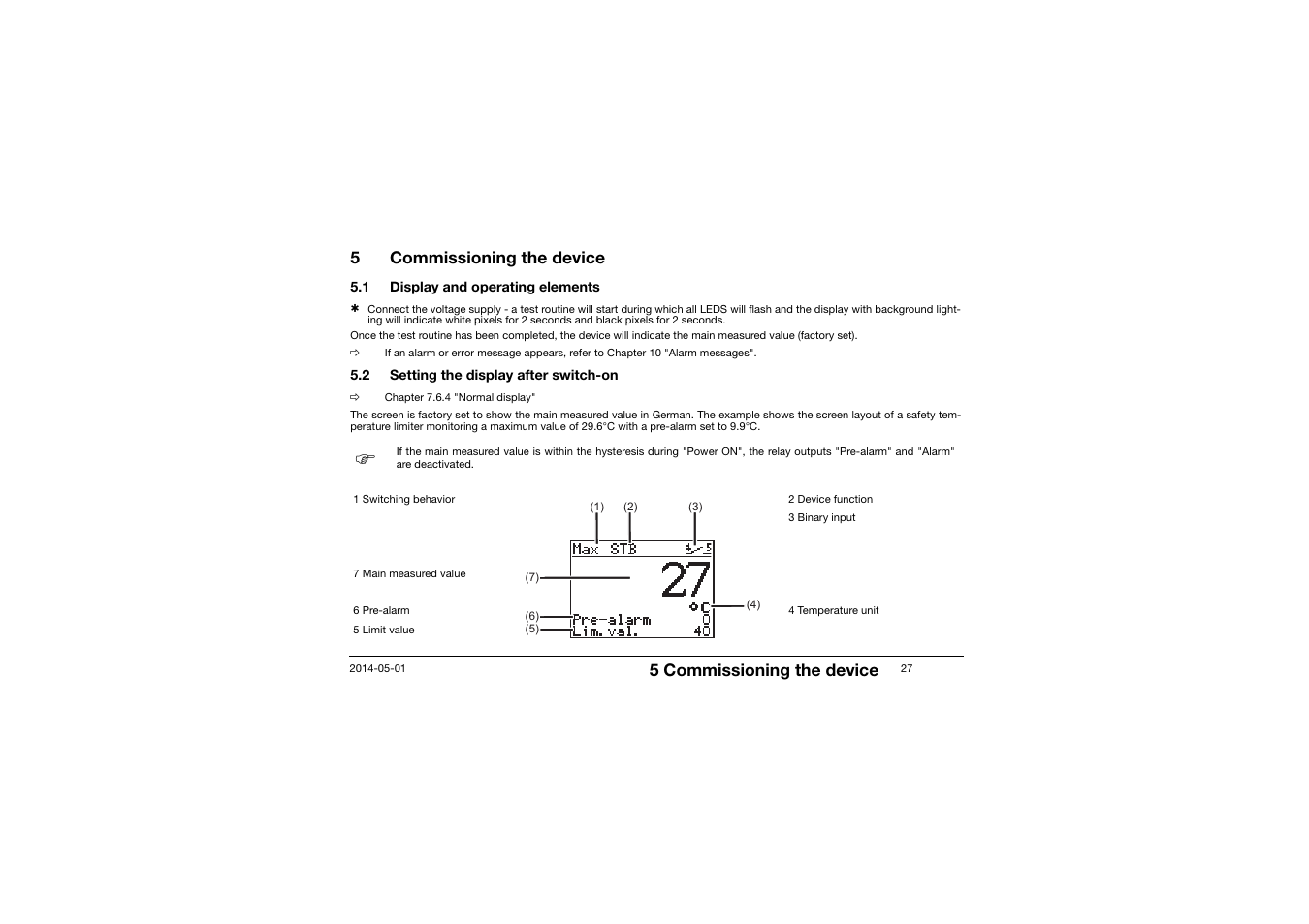 5 commissioning the device, Commissioning the device, Display and operating elements | Setting the display after switch-on, 5commissioning the device | JUMO 701150 14597 safetyM STB/STW - Safety Temperature Limiter and Safety Temperature Monitor Operating Manual User Manual | Page 27 / 116