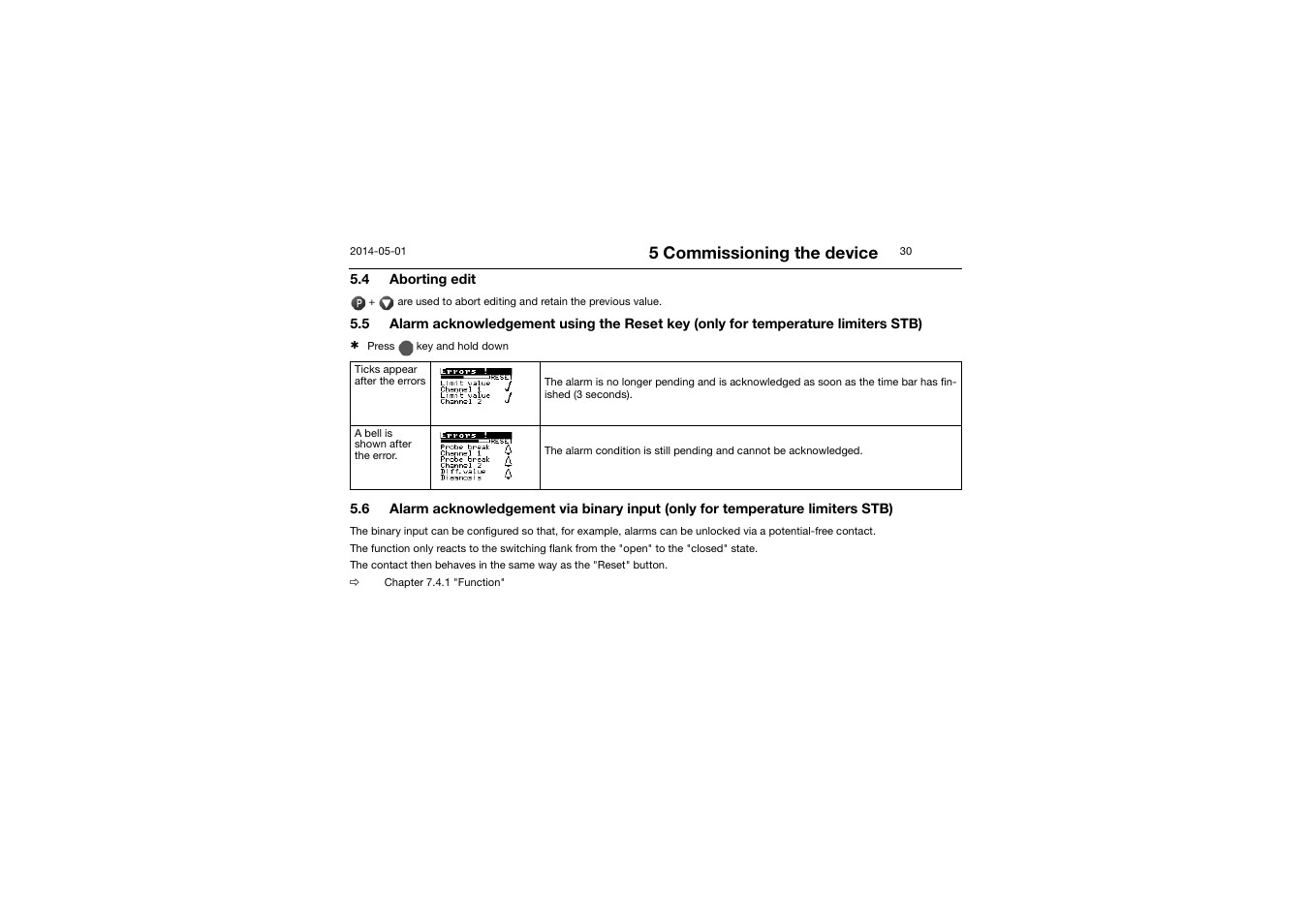 4 aborting edit, Aborting edit, 5 commissioning the device | JUMO 701150 14597 safetyM STB/STW - Safety Temperature Limiter and Safety Temperature Monitor Operating Manual User Manual | Page 30 / 116