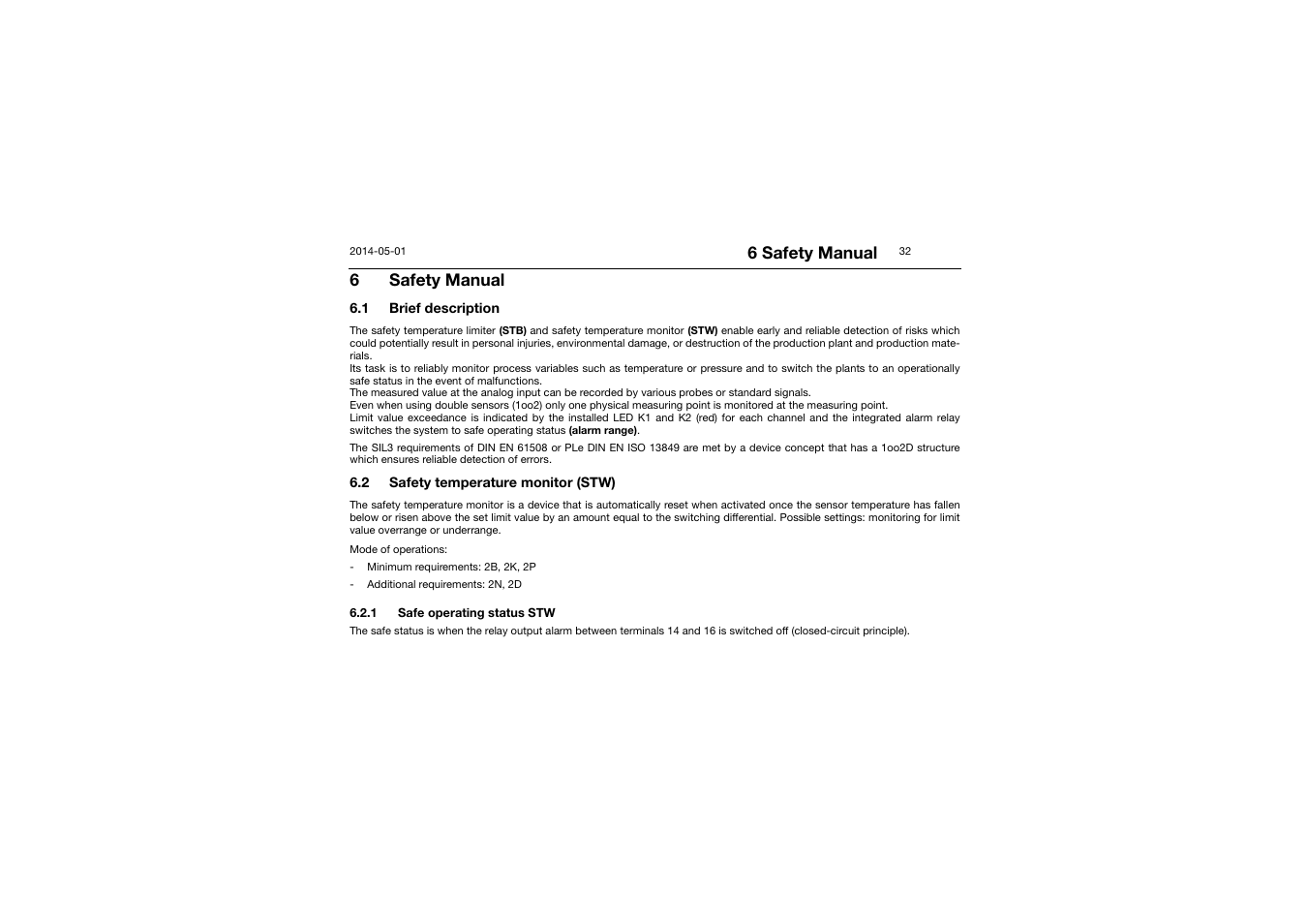 6 safety manual, Safety manual, Brief description | Safety temperature monitor (stw), 1 safe operating status stw | JUMO 701150 14597 safetyM STB/STW - Safety Temperature Limiter and Safety Temperature Monitor Operating Manual User Manual | Page 32 / 116