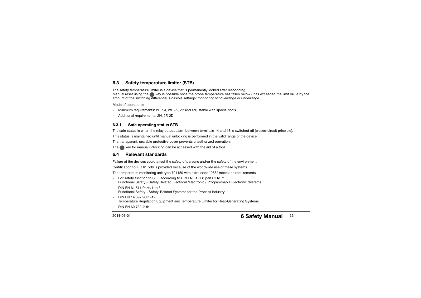 3 safety temperature limiter (stb), Safety temperature limiter (stb), 1 safe operating status stb | Relevant standards, 6 safety manual | JUMO 701150 14597 safetyM STB/STW - Safety Temperature Limiter and Safety Temperature Monitor Operating Manual User Manual | Page 33 / 116