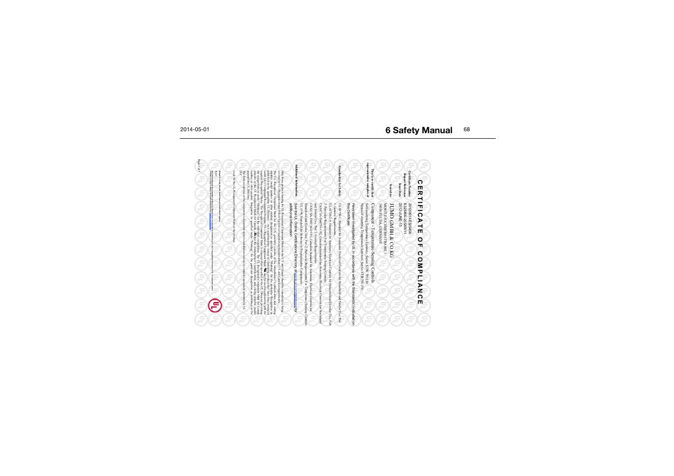 6 safety manual, Certi f icate of compli ance, Jum o | JUMO 701150 14597 safetyM STB/STW - Safety Temperature Limiter and Safety Temperature Monitor Operating Manual User Manual | Page 68 / 116