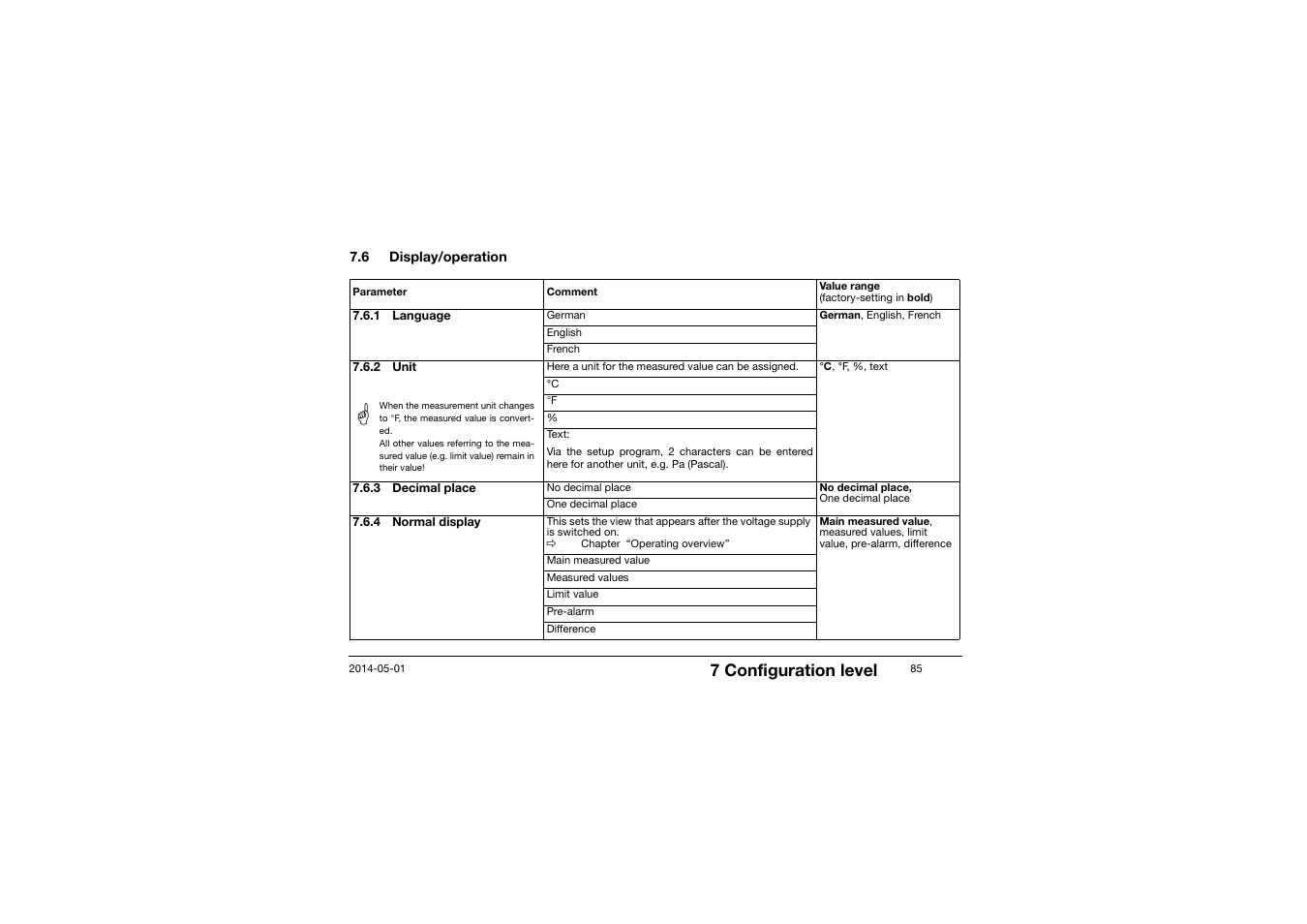 6 display/operation, Display/operation, 1 language 7.6.2 unit 7.6.3 decimal place | 4 normal display, 7 configuration level | JUMO 701150 14597 safetyM STB/STW - Safety Temperature Limiter and Safety Temperature Monitor Operating Manual User Manual | Page 85 / 116