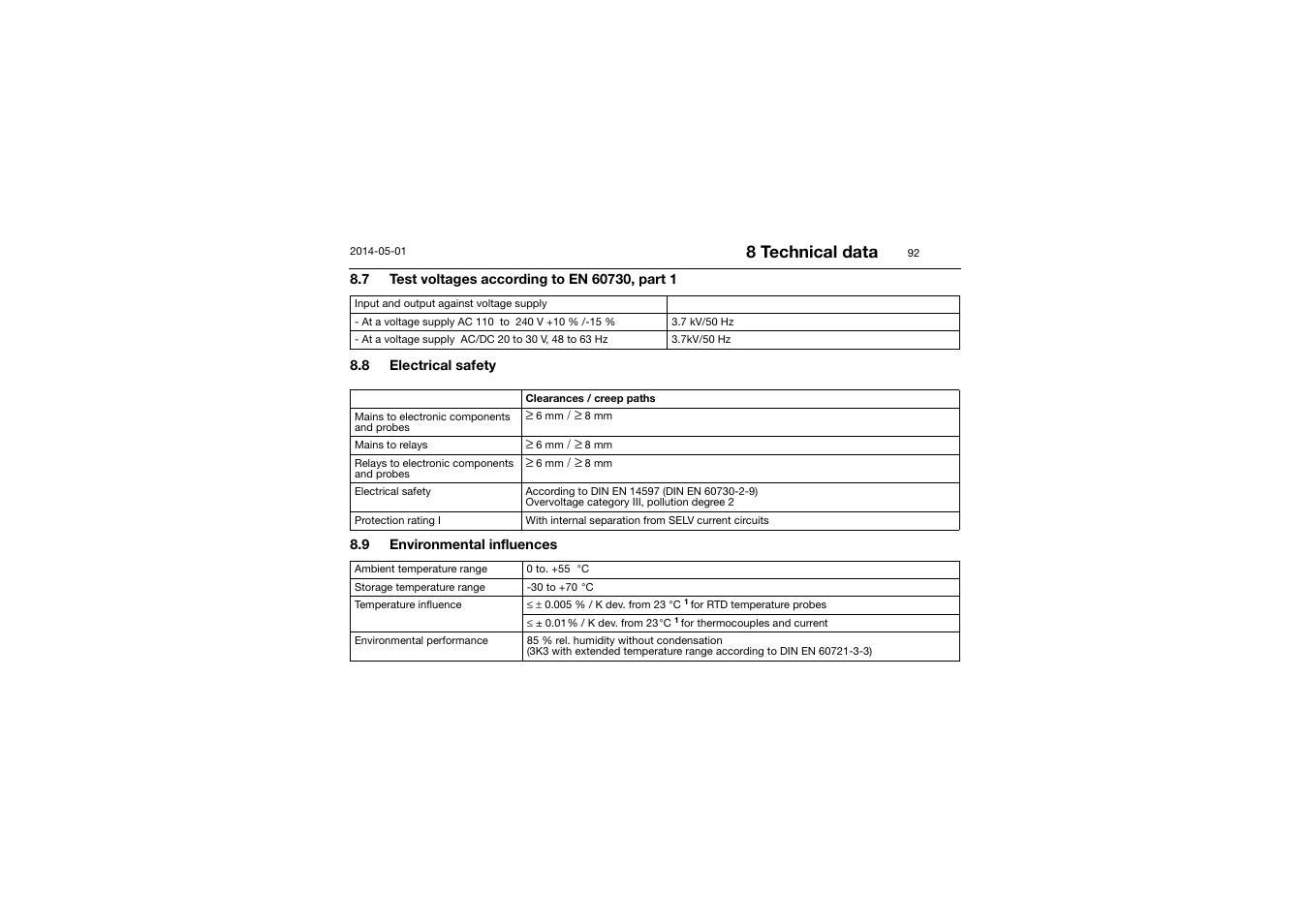 7 test voltages according to en 60730, part 1, Test voltages according to en 60730, part 1, Electrical safety | Environmental influences, 8 technical data | JUMO 701150 14597 safetyM STB/STW - Safety Temperature Limiter and Safety Temperature Monitor Operating Manual User Manual | Page 92 / 116