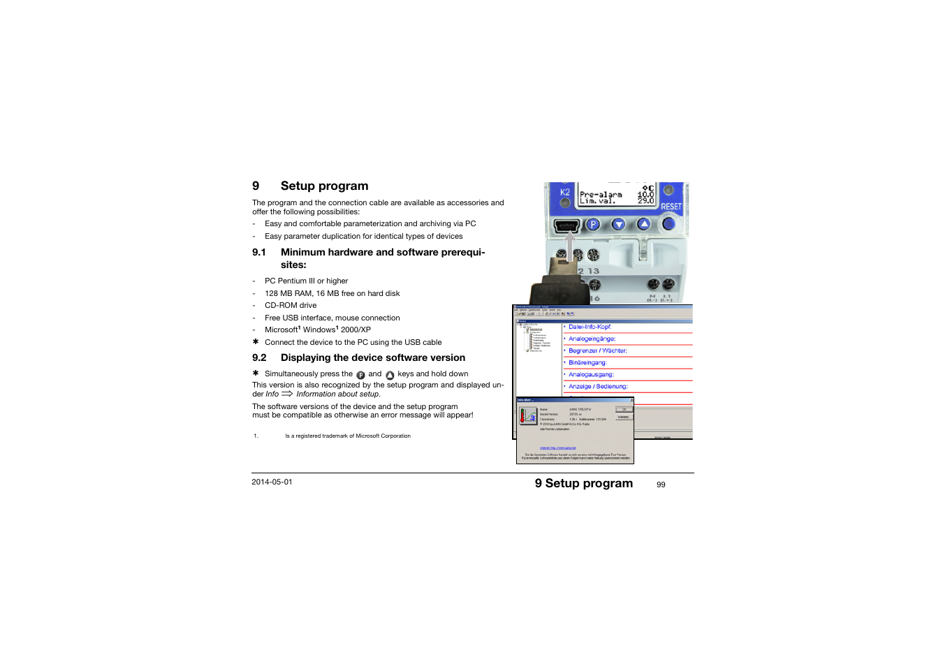 9 setup program, Setup program, Minimum hardware and software prerequisites | Displaying the device software version | JUMO 701150 14597 safetyM STB/STW - Safety Temperature Limiter and Safety Temperature Monitor Operating Manual User Manual | Page 99 / 116
