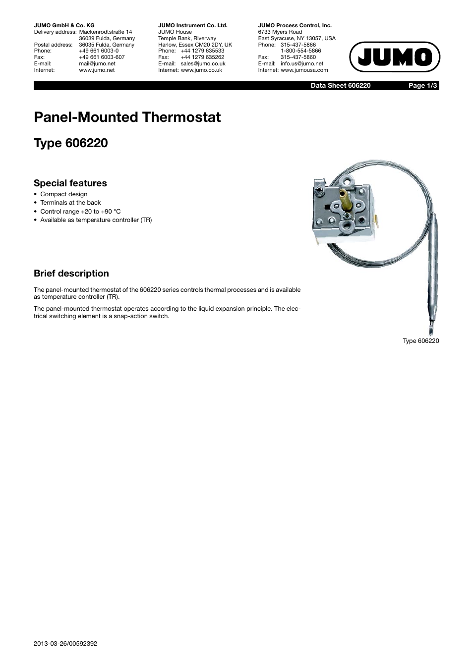 JUMO 602031 Panel-Mounted Thermostat Data Sheet User Manual | 3 pages