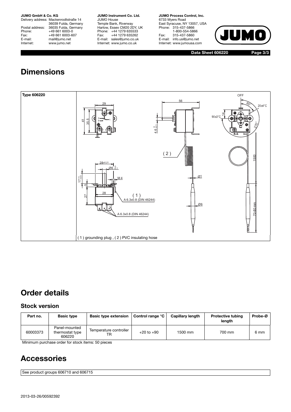 Dimensions order details, Accessories, Stock version | JUMO 602031 Panel-Mounted Thermostat Data Sheet User Manual | Page 3 / 3