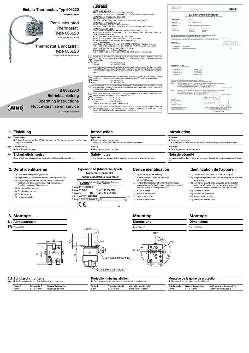 JUMO 602031 Panel-Mounted Thermostat Operating Manual User Manual | 2 pages