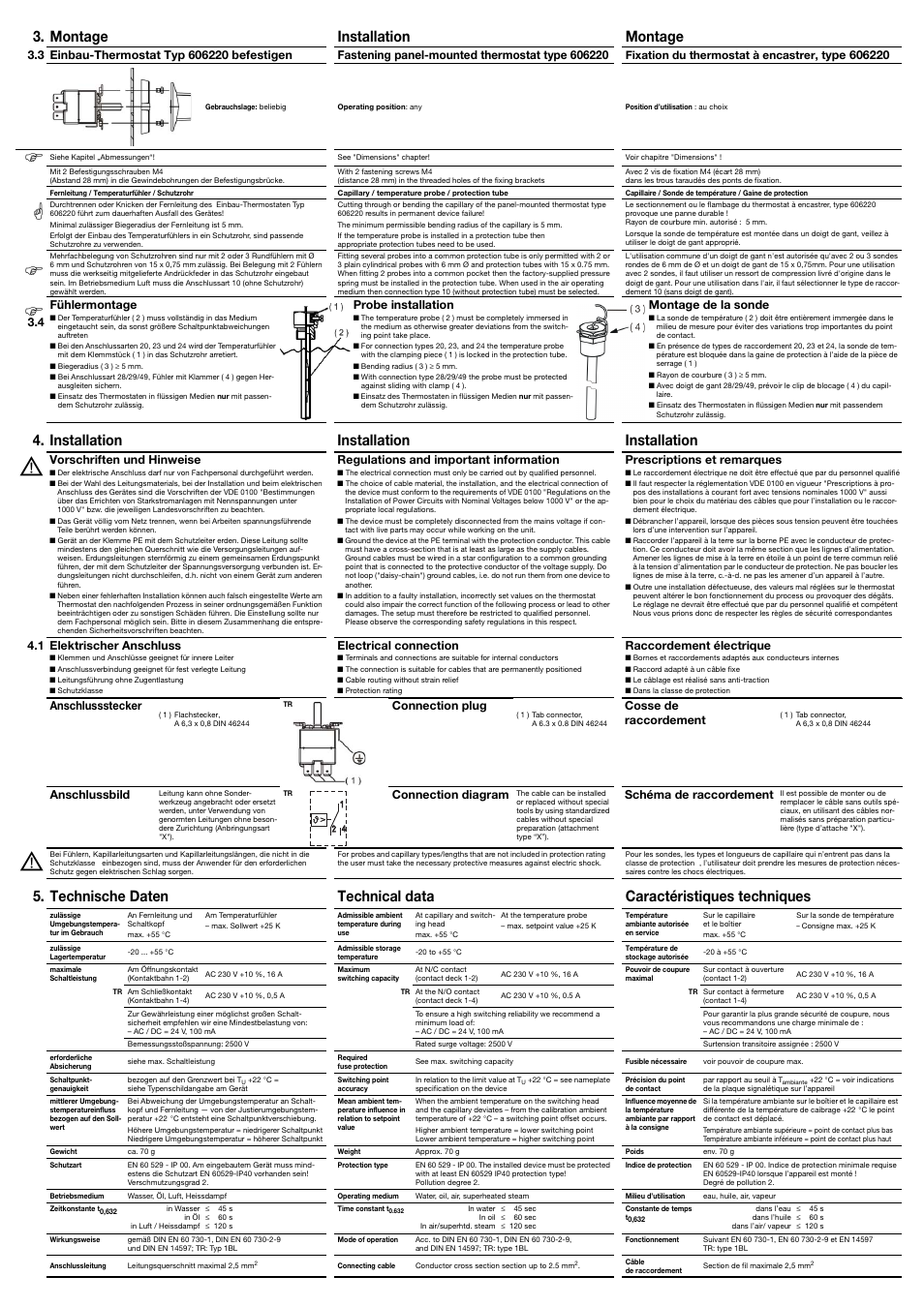 Montage installation montage, Installation installation installation, 4 fühlermontage | Probe installation, Montage de la sonde, Vorschriften und hinweise, Regulations and important information, Prescriptions et remarques, 1 elektrischer anschluss, Electrical connection | JUMO 602031 Panel-Mounted Thermostat Operating Manual User Manual | Page 2 / 2
