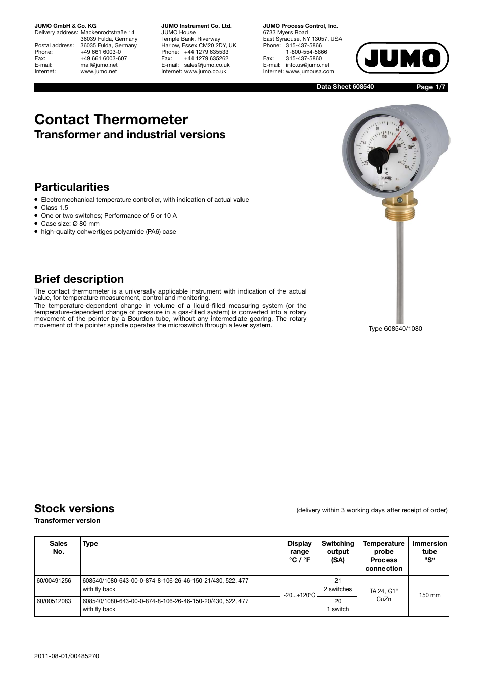 JUMO 60.8540 Contact dial thermometer Data Sheet User Manual | 7 pages