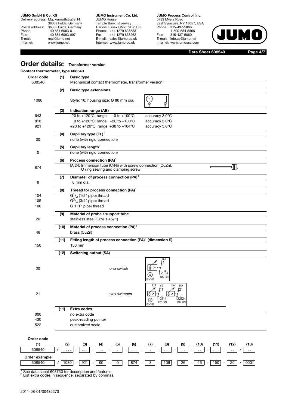 Order details | JUMO 60.8540 Contact dial thermometer Data Sheet User Manual | Page 4 / 7