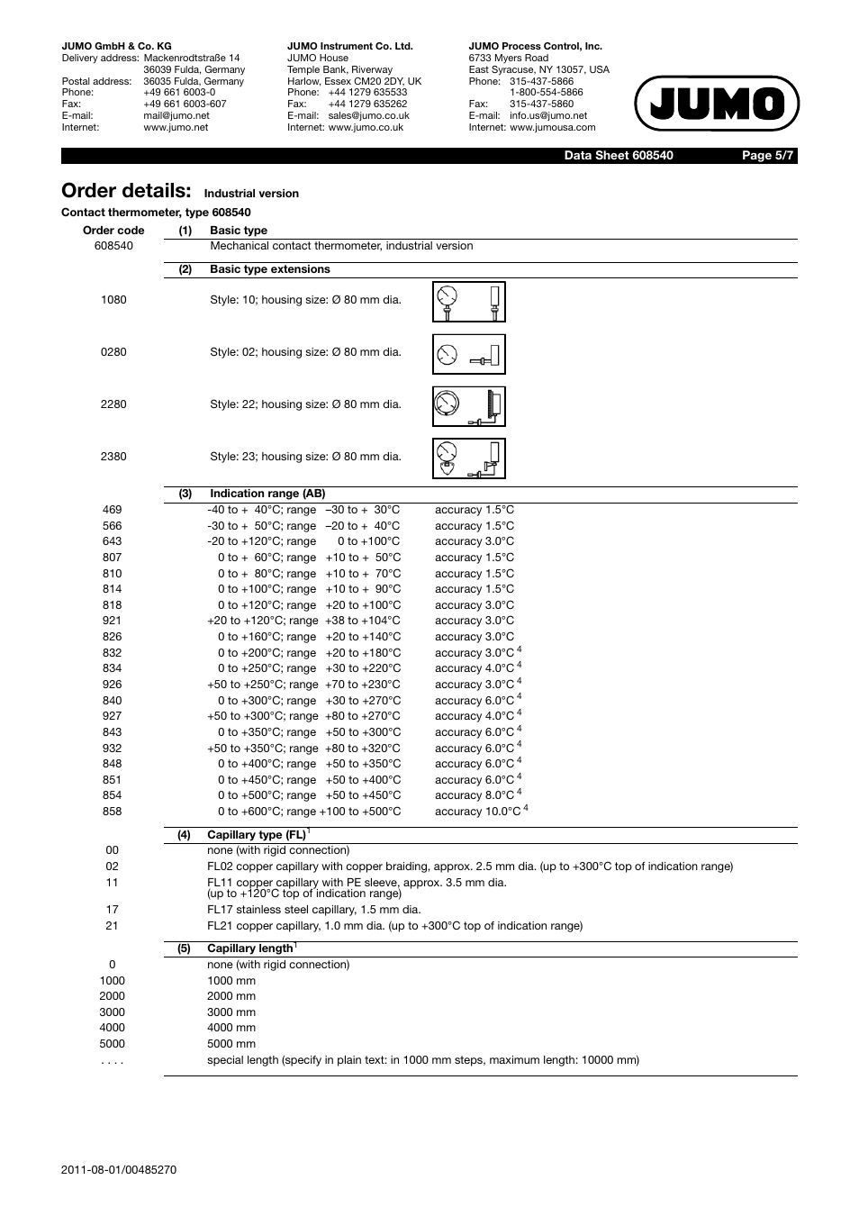 Order details | JUMO 60.8540 Contact dial thermometer Data Sheet User Manual | Page 5 / 7