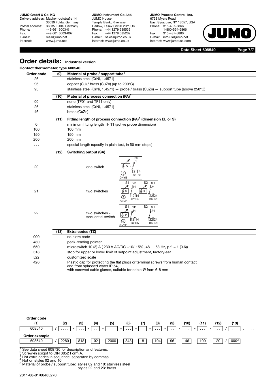 Order details | JUMO 60.8540 Contact dial thermometer Data Sheet User Manual | Page 7 / 7