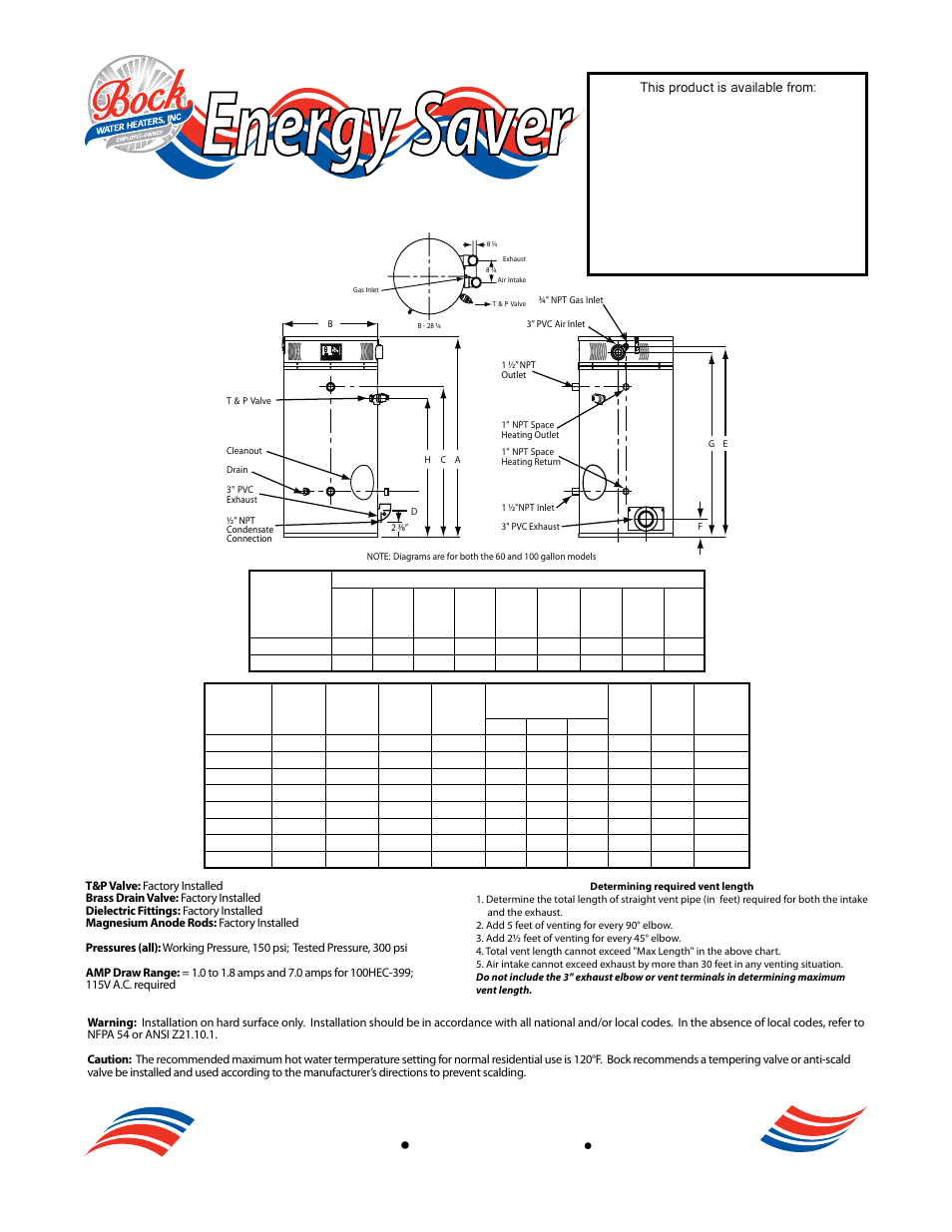 Energy saver, High e fficiency c ondensing gas water heaters | Bock Water heaters High Efficiency Condensing Gas Water Heaters User Manual | Page 2 / 2