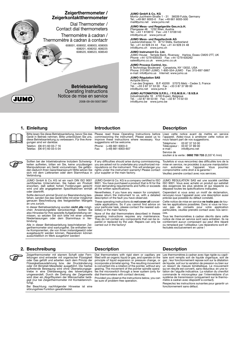 JUMO 60.8520 Contact dial thermometer Operating Manual User Manual | 2 pages
