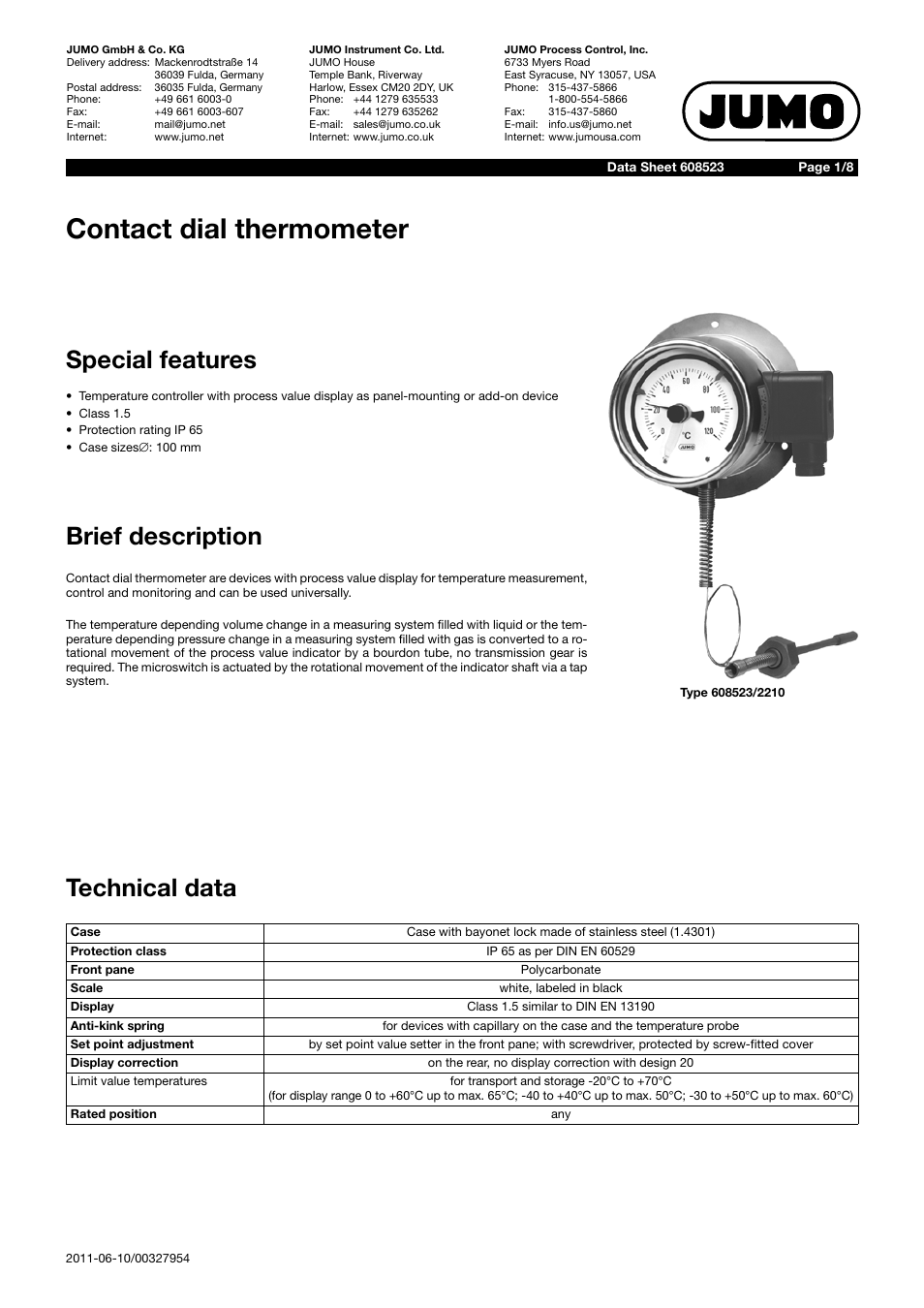 JUMO 60.8523 Contact dial thermometer Data Sheet User Manual | 8 pages