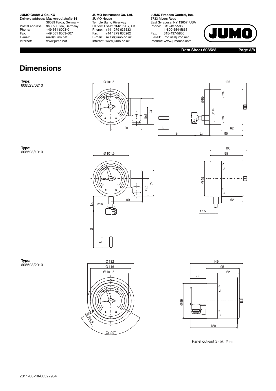 Dimensions | JUMO 60.8523 Contact dial thermometer Data Sheet User Manual | Page 3 / 8