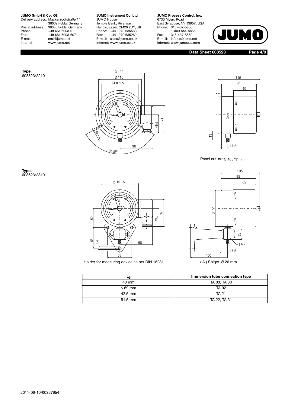 JUMO 60.8523 Contact dial thermometer Data Sheet User Manual | Page 4 / 8