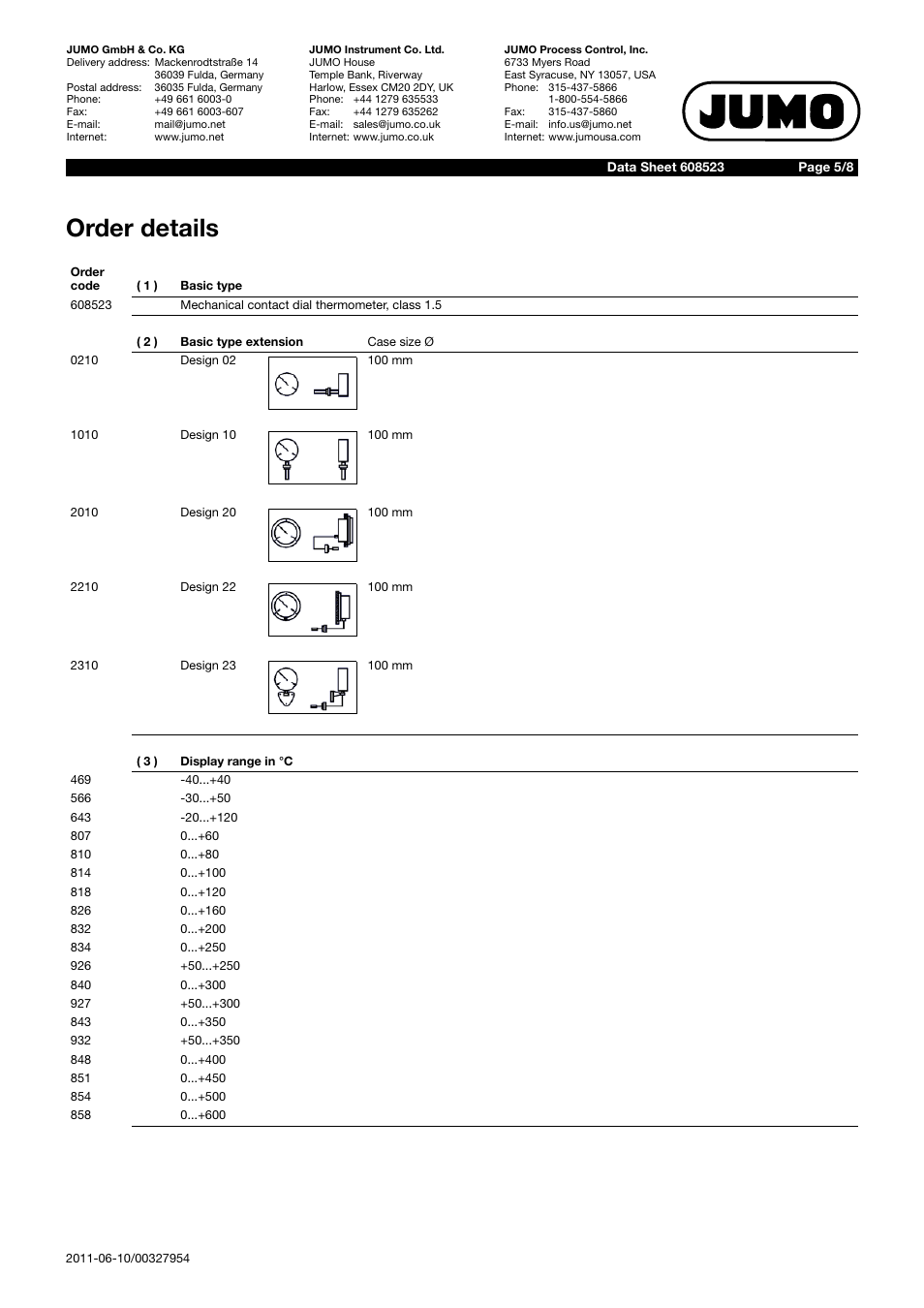 Order details | JUMO 60.8523 Contact dial thermometer Data Sheet User Manual | Page 5 / 8