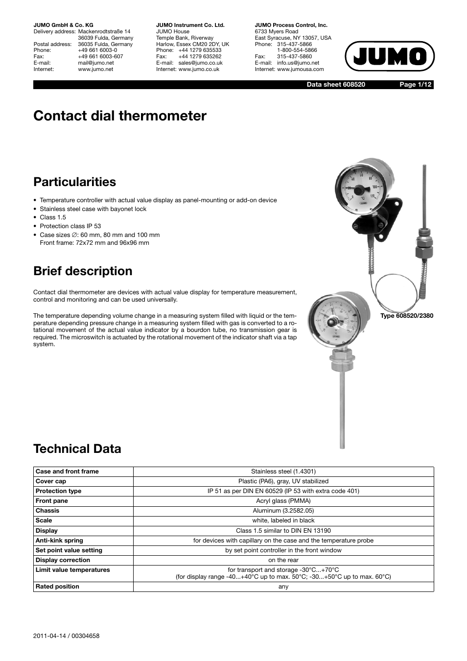 JUMO 60.8520 Contact dial thermometer Data Sheet User Manual | 12 pages