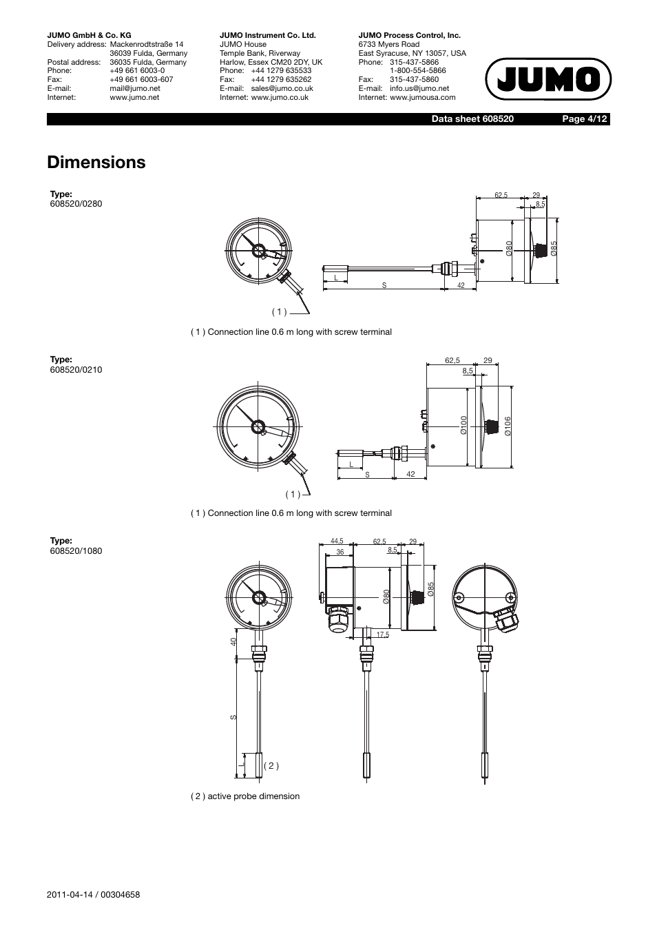 Dimensions | JUMO 60.8520 Contact dial thermometer Data Sheet User Manual | Page 4 / 12