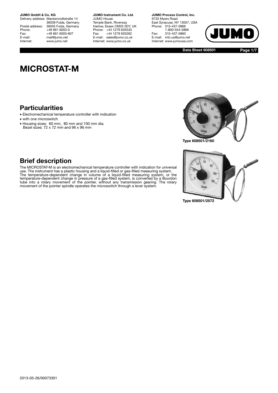 JUMO 60.8501 MICROSTAT-M Data Sheet User Manual | 7 pages