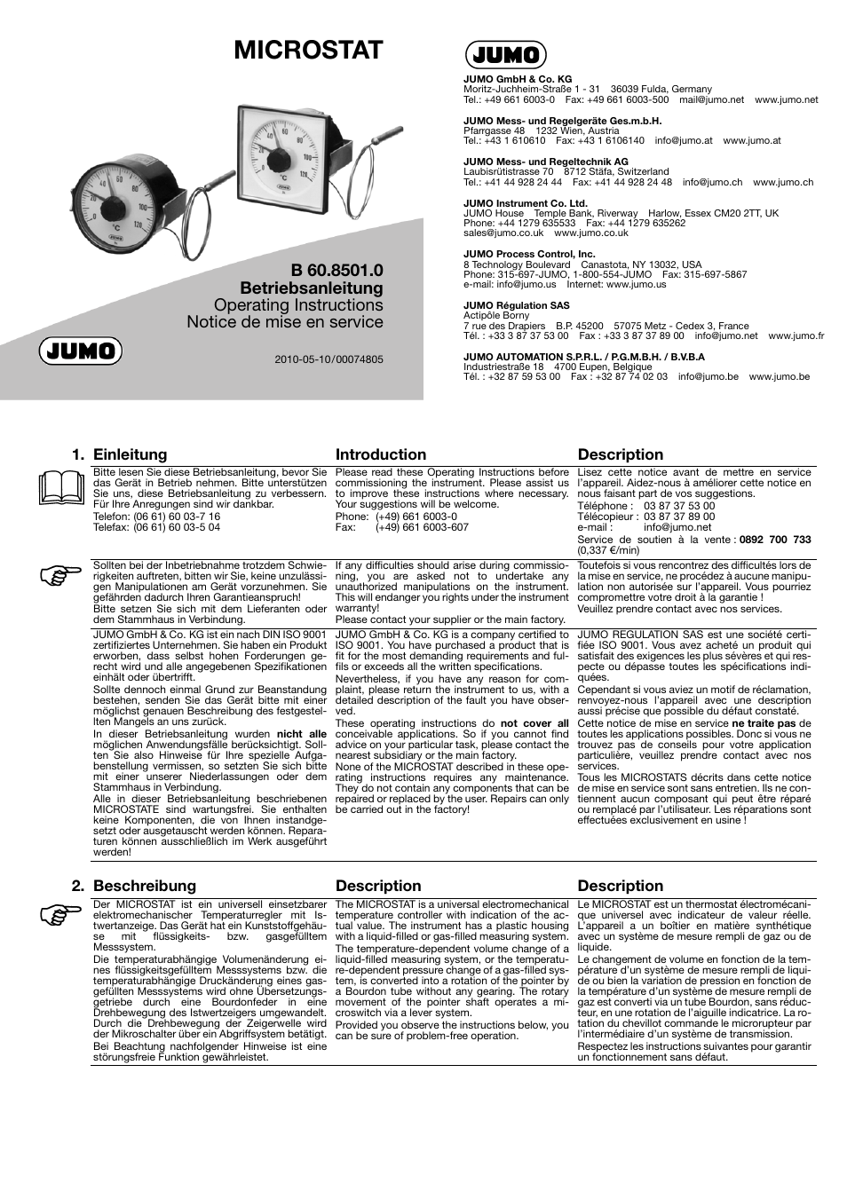 JUMO 60.8501 MICROSTAT-M Operating Manual User Manual | 2 pages