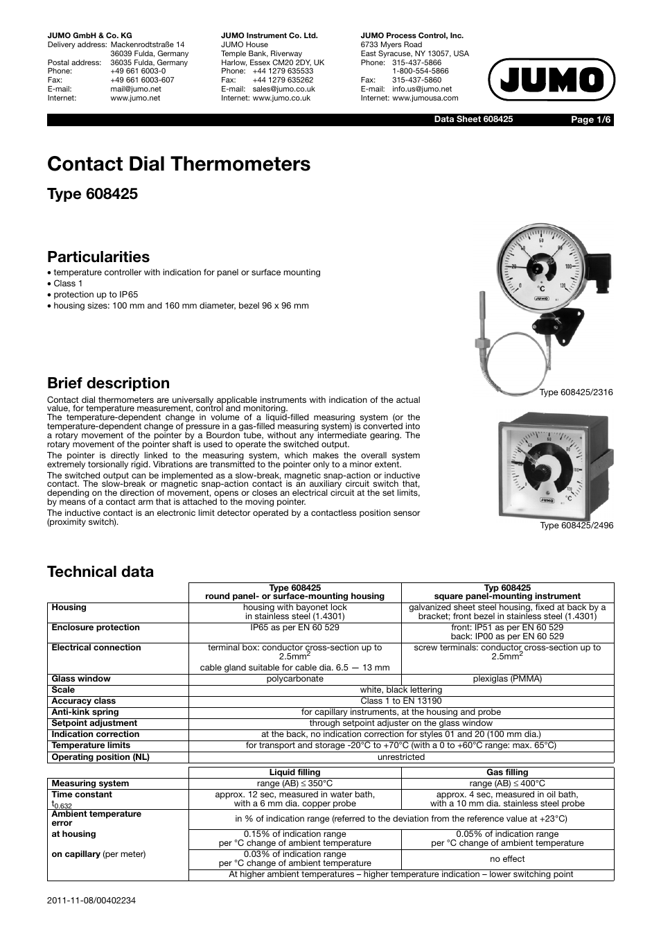 JUMO 60.8425 Contact dial thermometer Data Sheet User Manual | 6 pages