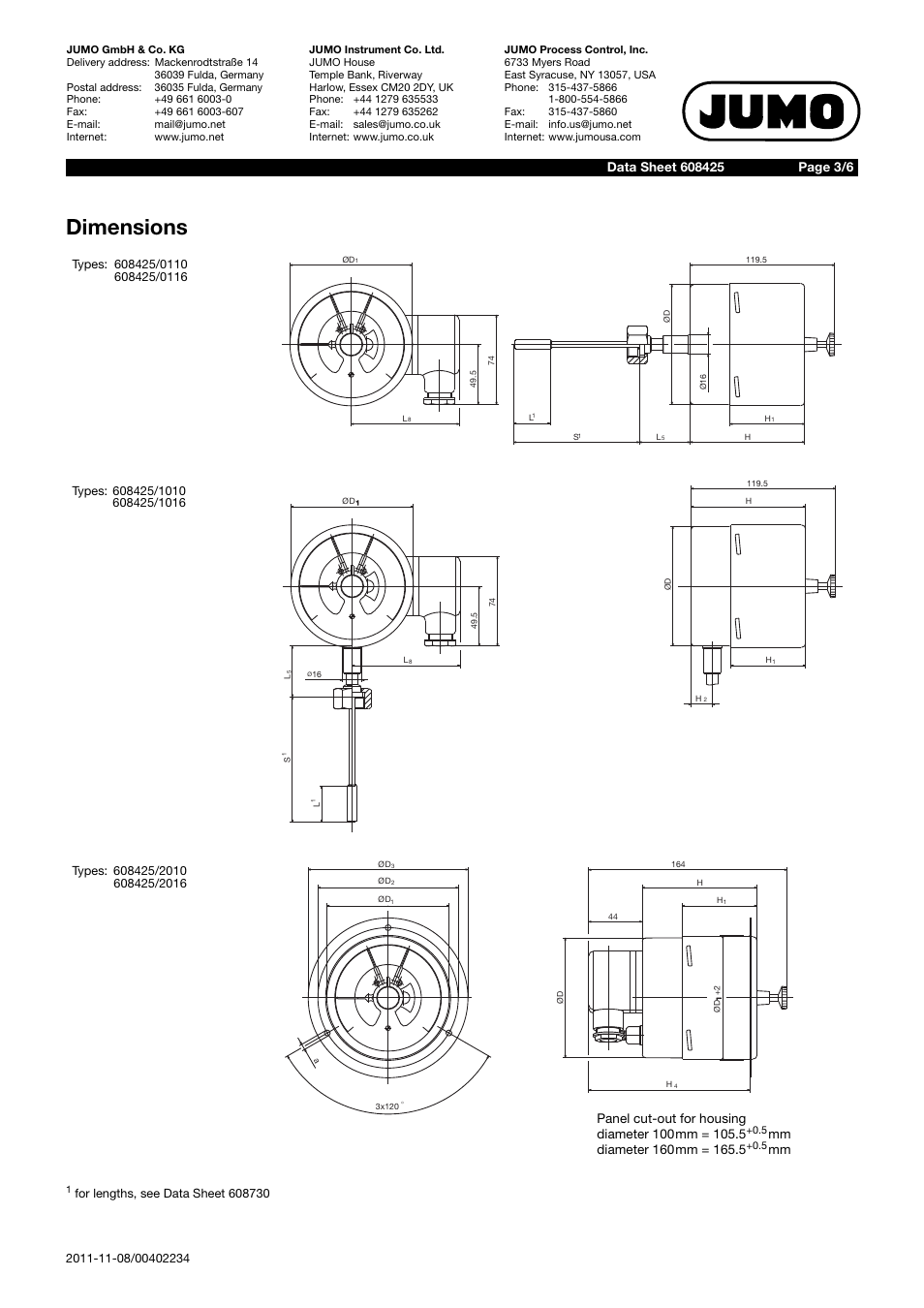 Dimensions | JUMO 60.8425 Contact dial thermometer Data Sheet User Manual | Page 3 / 6