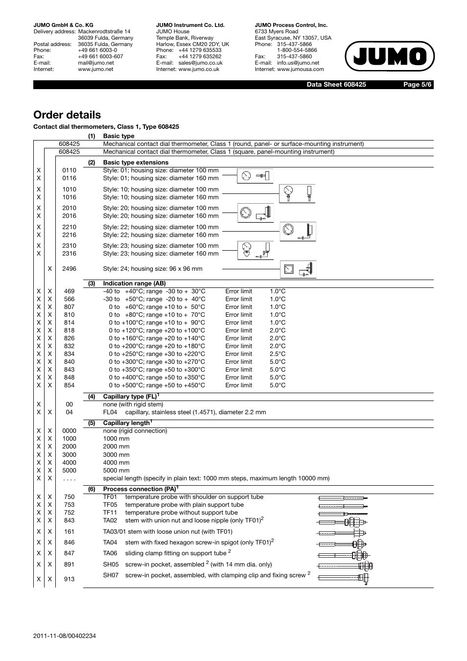 Order details | JUMO 60.8425 Contact dial thermometer Data Sheet User Manual | Page 5 / 6