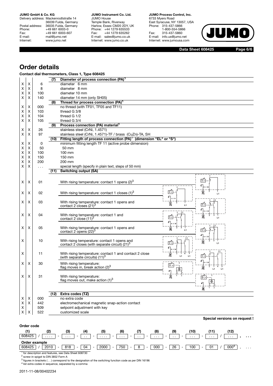 Order details | JUMO 60.8425 Contact dial thermometer Data Sheet User Manual | Page 6 / 6