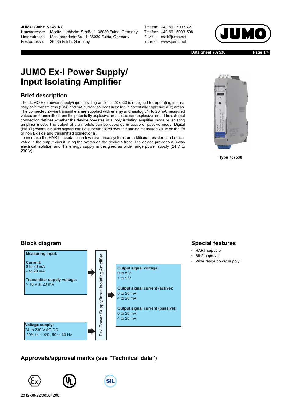 JUMO 707530 Ex-i Repeater Power Supply / Input Isolating Amplifier Data Sheet User Manual | 4 pages