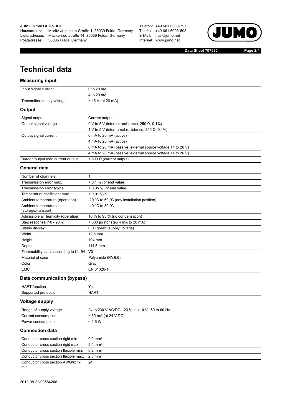 Technical data | JUMO 707530 Ex-i Repeater Power Supply / Input Isolating Amplifier Data Sheet User Manual | Page 2 / 4