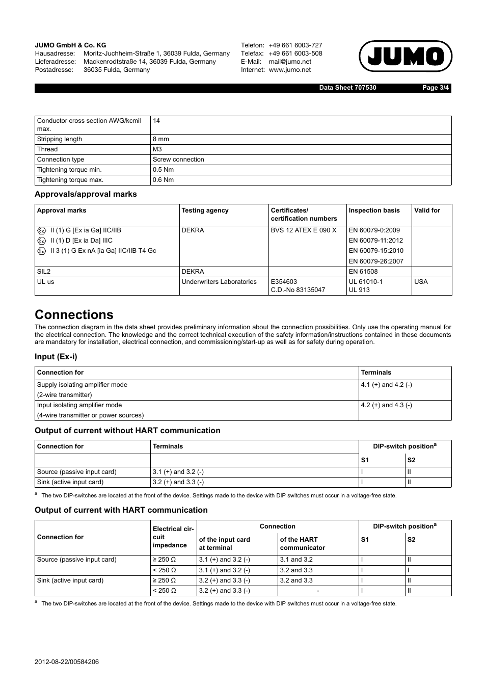 Connections | JUMO 707530 Ex-i Repeater Power Supply / Input Isolating Amplifier Data Sheet User Manual | Page 3 / 4