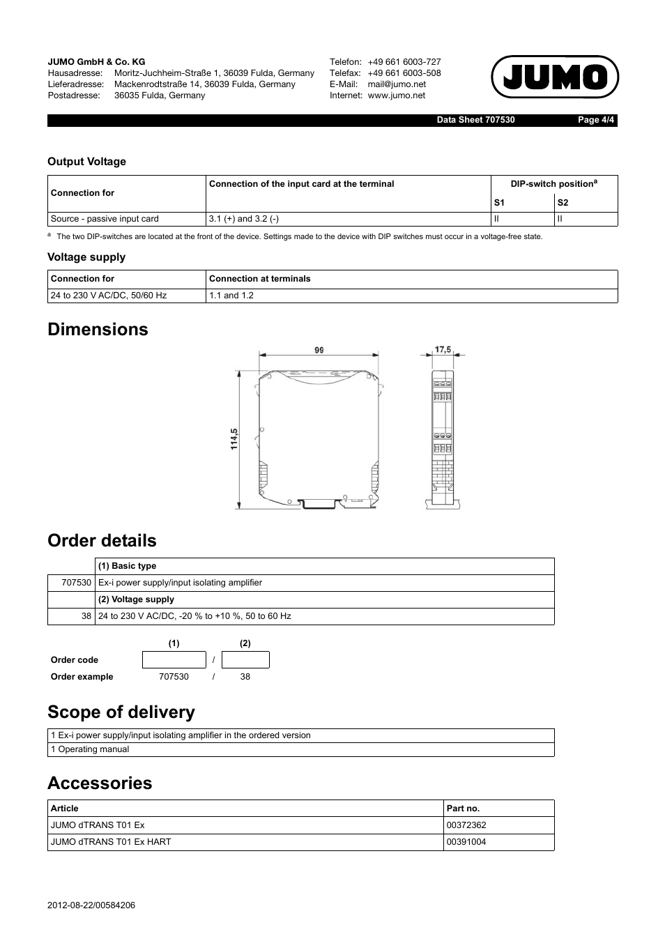 JUMO 707530 Ex-i Repeater Power Supply / Input Isolating Amplifier Data Sheet User Manual | Page 4 / 4