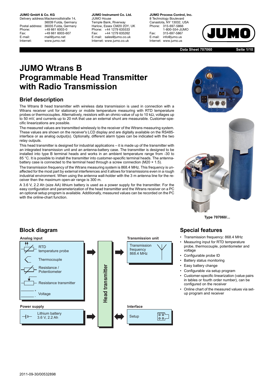 JUMO 707060 Wtrans B - Programmable Head Transmitter with Radio Transmission Data Sheet User Manual | 10 pages
