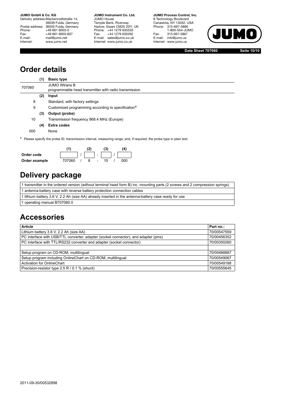 Order details delivery package accessories | JUMO 707060 Wtrans B - Programmable Head Transmitter with Radio Transmission Data Sheet User Manual | Page 10 / 10