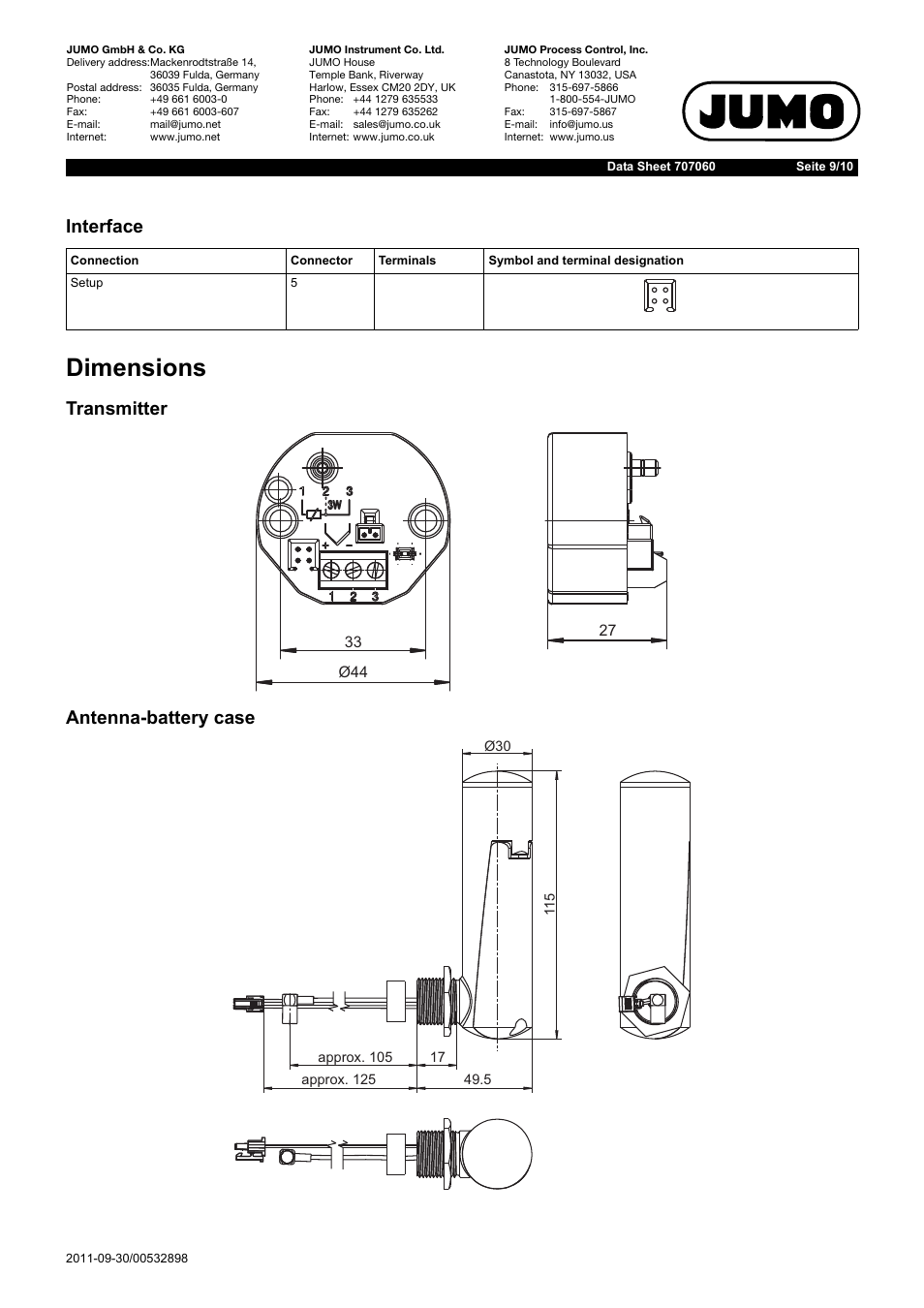 Dimensions, Interface, Transmitter antenna-battery case | JUMO 707060 Wtrans B - Programmable Head Transmitter with Radio Transmission Data Sheet User Manual | Page 9 / 10