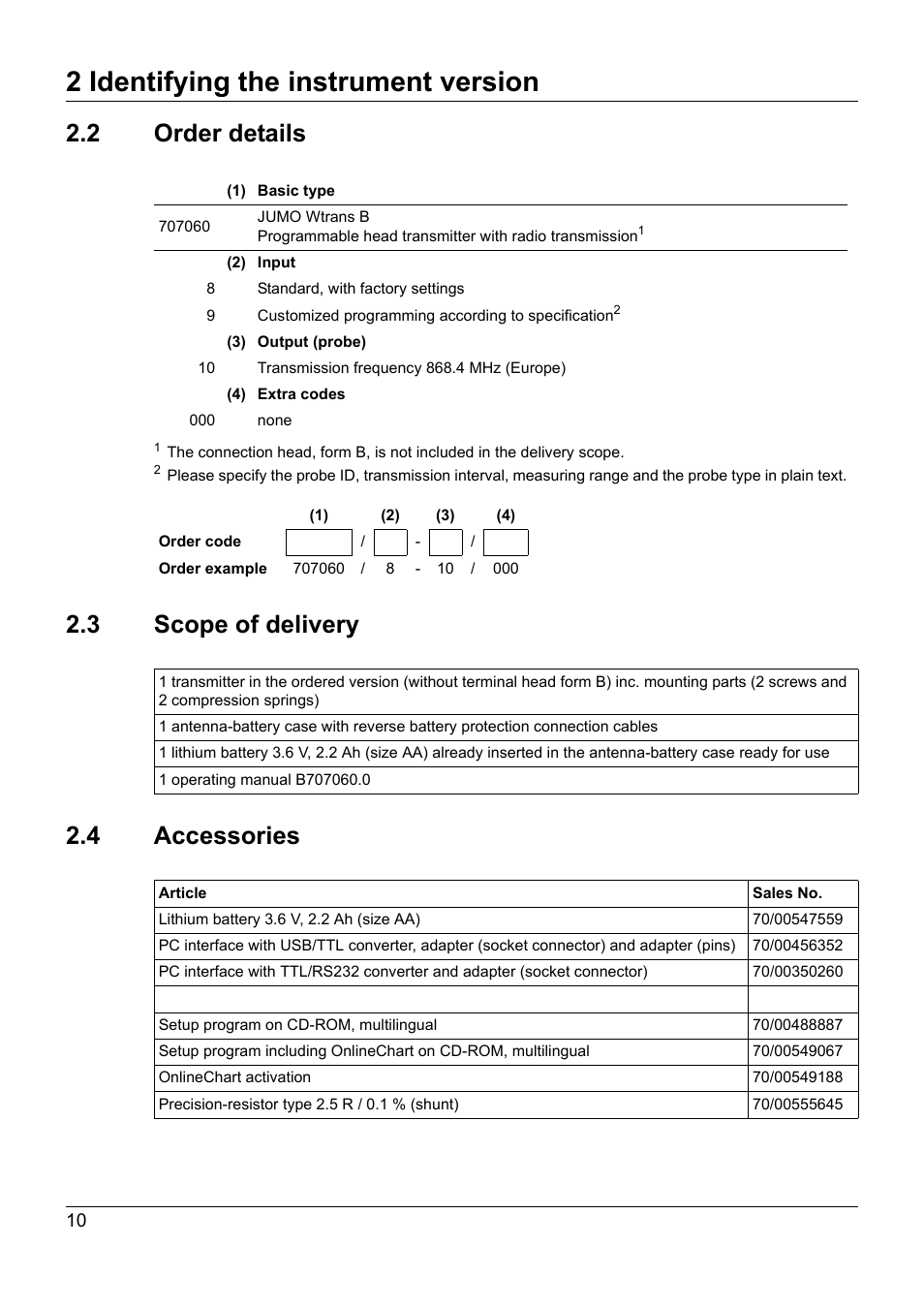 2 order details, 3 scope of delivery, 4 accessories | Order details, Scope of delivery, Accessories, 2 identifying the instrument version | JUMO 707060 Wtrans B - Programmable Head Transmitter with Radio Transmission Operating Manual User Manual | Page 10 / 44